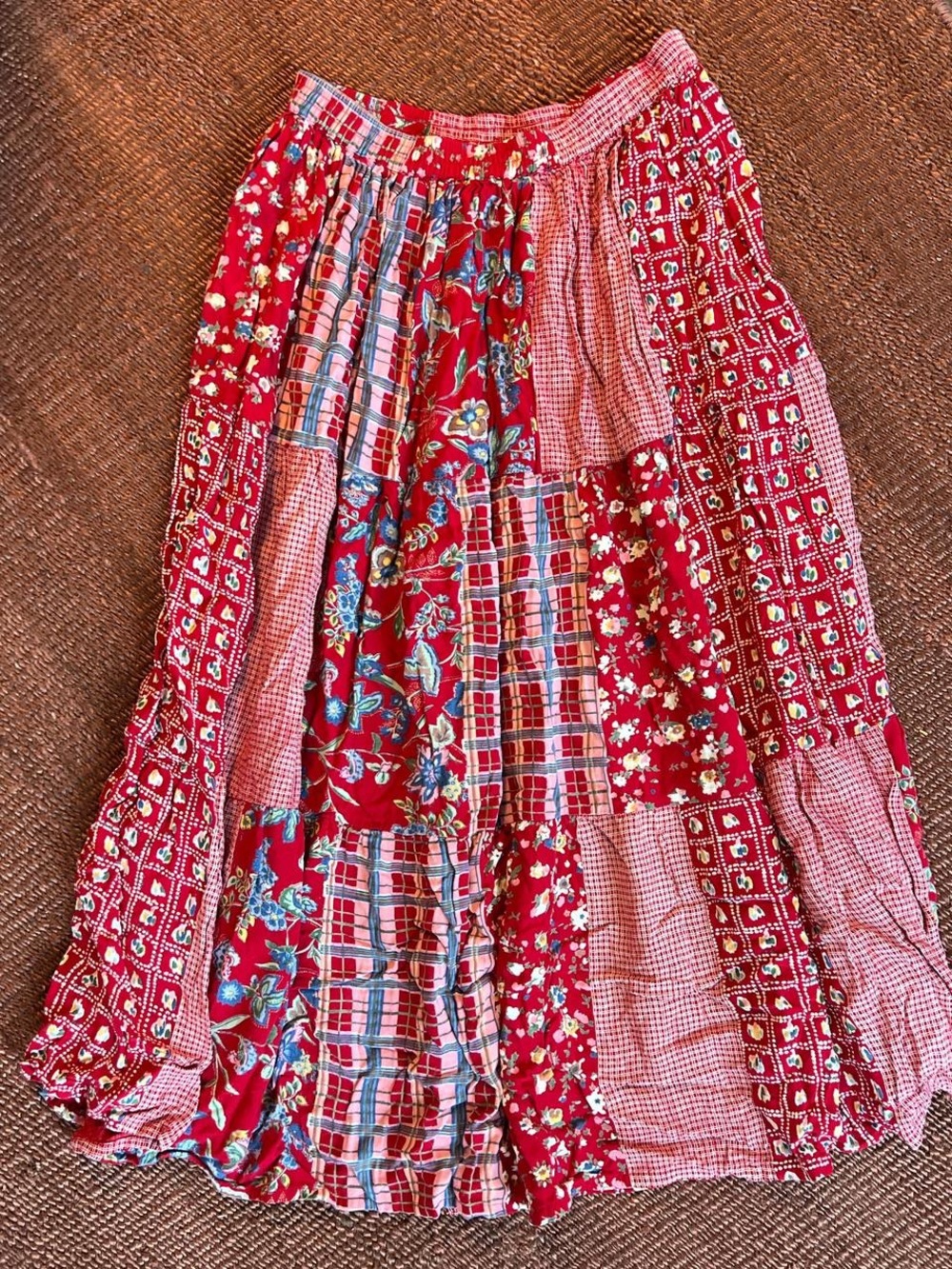Red Patchwork Maxi Skirt - Boho Floral & Plaid